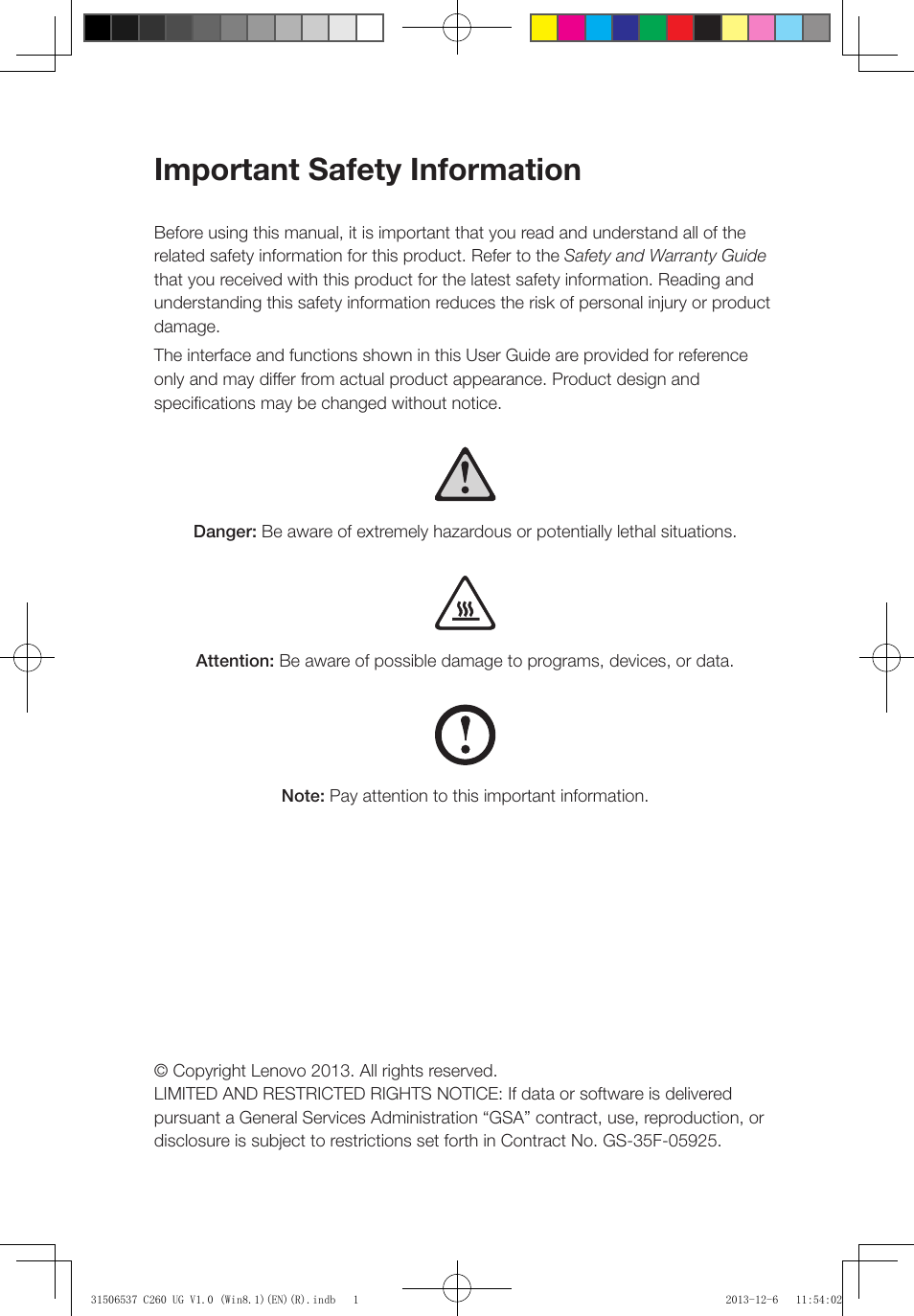 Important safety information | Lenovo C260 Touch All In One User Manual | Page 2 / 47