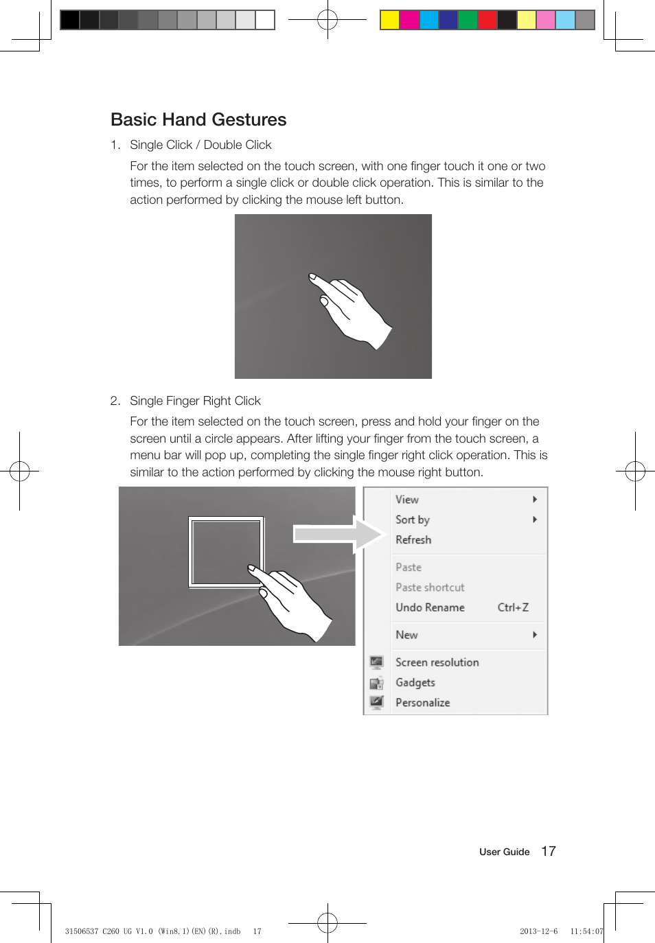 Basic hand gestures | Lenovo C260 Touch All In One User Manual | Page 22 / 47
