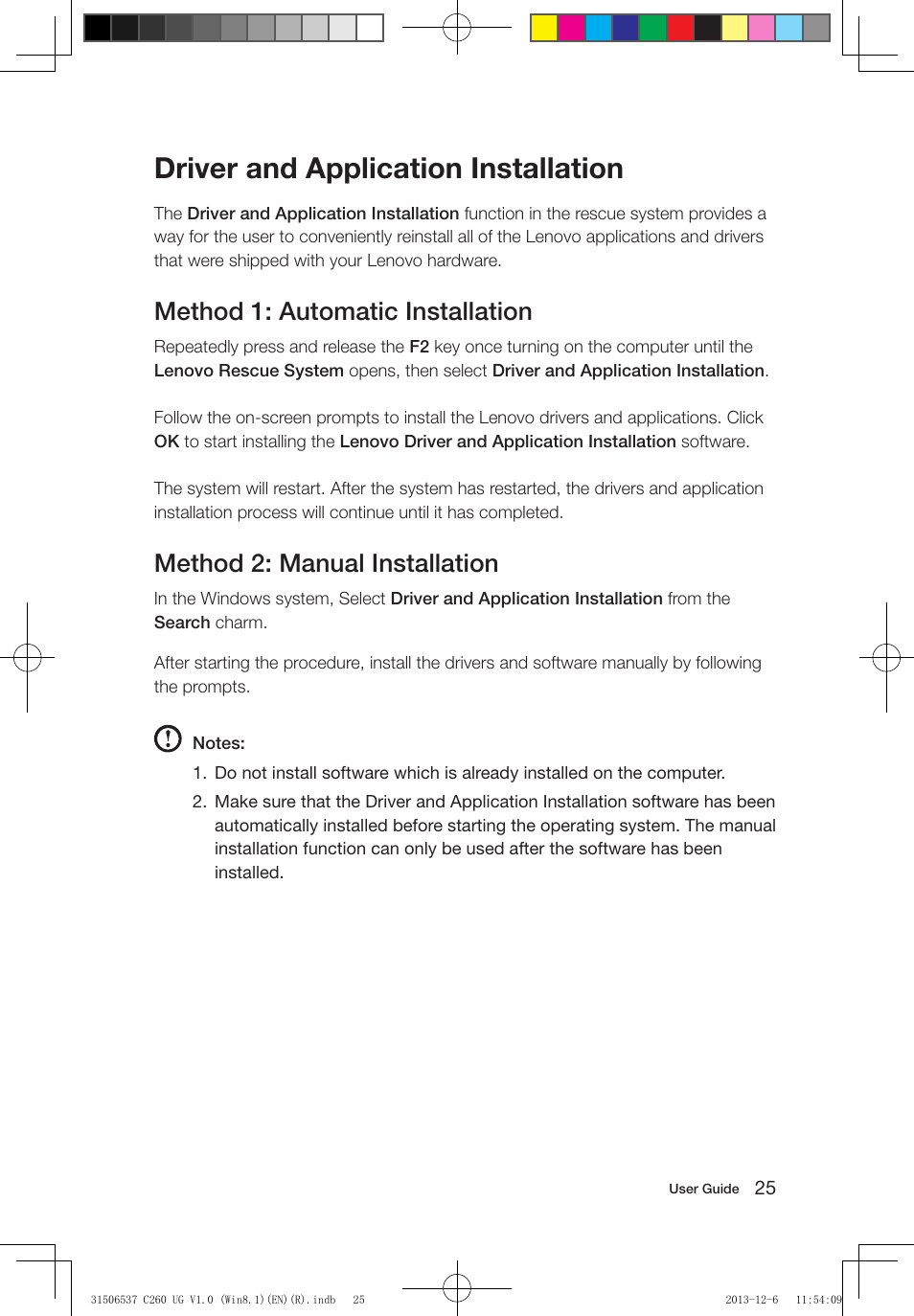 Driver and application installation, Method 1: automatic installation, Method 2: manual installation | Lenovo C260 Touch All In One User Manual | Page 30 / 47