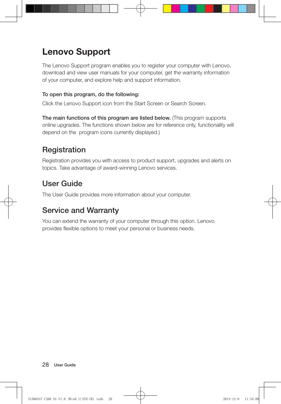 Lenovo support, Registration, User guide | Service and warranty | Lenovo C260 Touch All In One User Manual | Page 33 / 47
