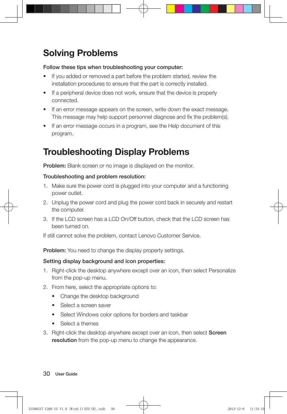 Solving problems, Troubleshooting display problems | Lenovo C260 Touch All In One User Manual | Page 35 / 47