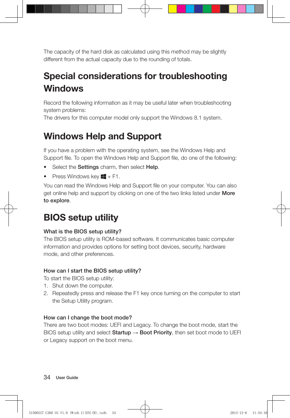 Special considerations for troubleshooting windows, Windows help and support, Bios setup utility | Lenovo C260 Touch All In One User Manual | Page 39 / 47