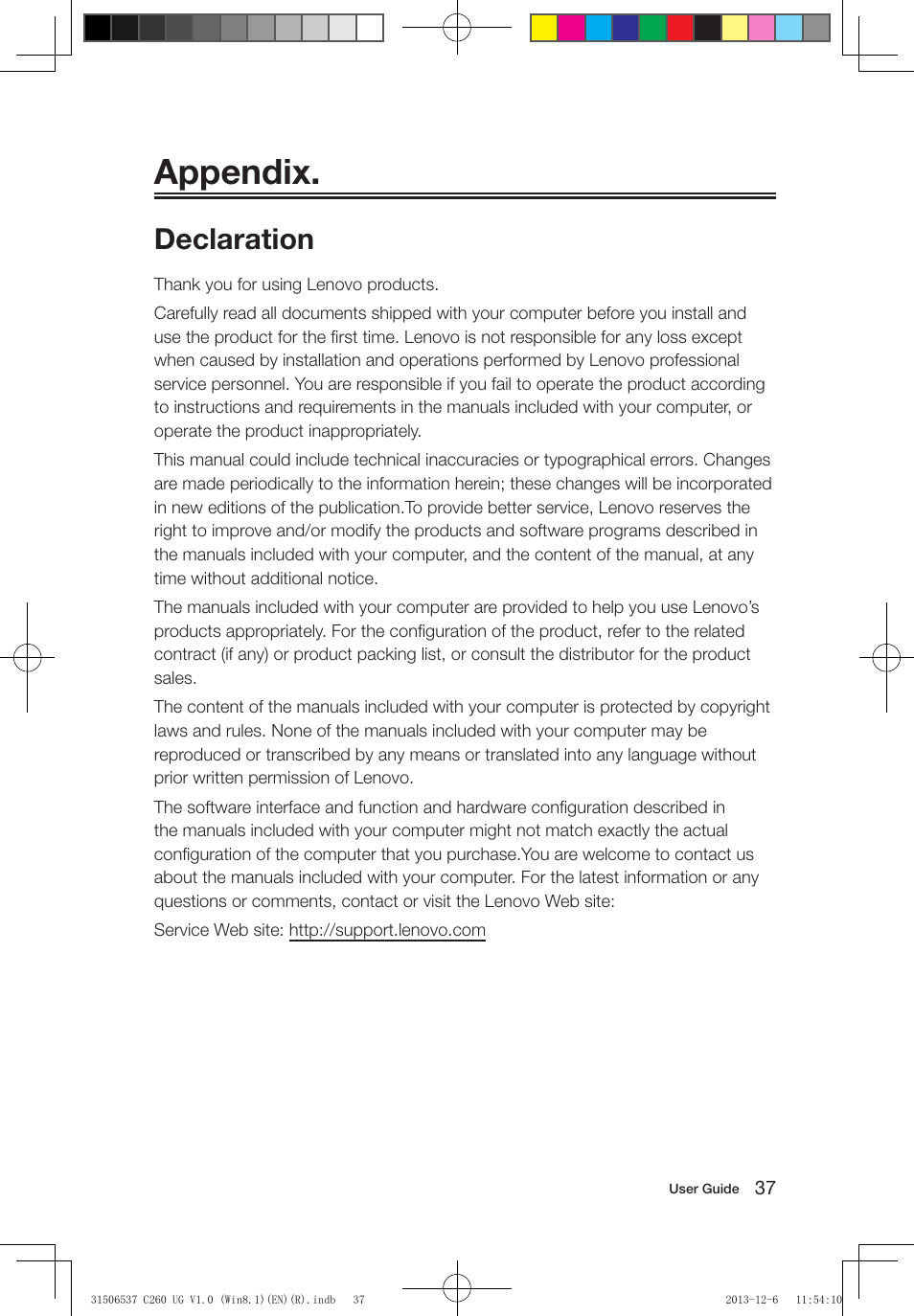Appendix, Declaration | Lenovo C260 Touch All In One User Manual | Page 42 / 47