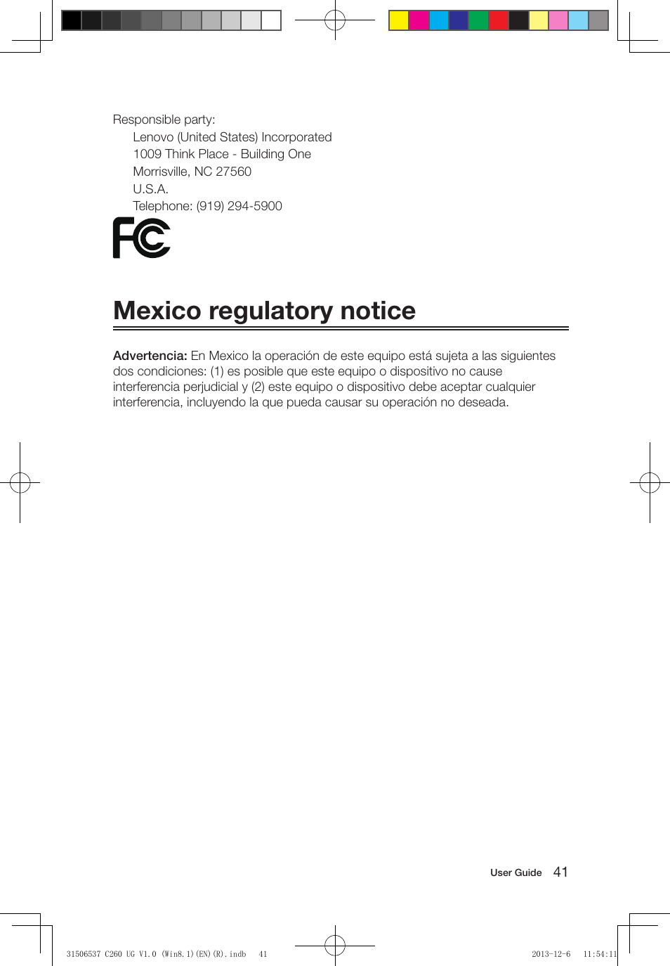 Mexico regulatory notice | Lenovo C260 Touch All In One User Manual | Page 46 / 47