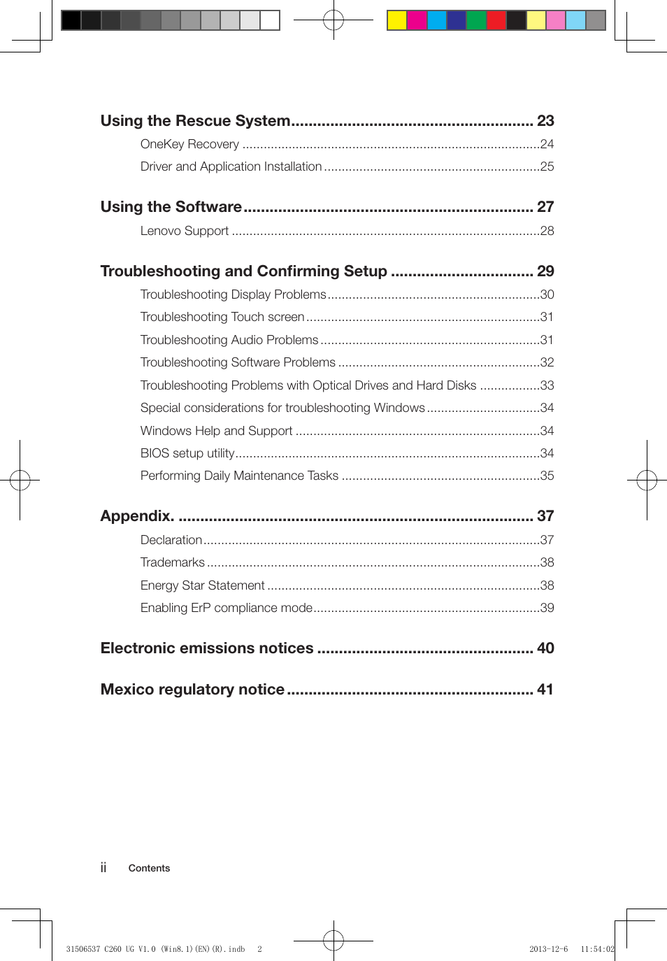 Using the rescue system, Using the software, Troubleshooting and confirming setup | Appendix | Lenovo C260 Touch All In One User Manual | Page 5 / 47