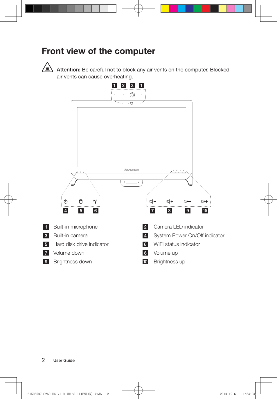 Front view of the computer | Lenovo C260 Touch All In One User Manual | Page 7 / 47