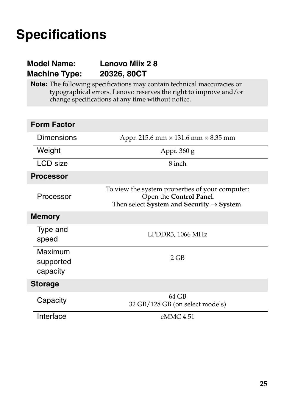 Specifications | Lenovo Miix 2 8 Tablet Lenovo User Manual | Page 25 / 27