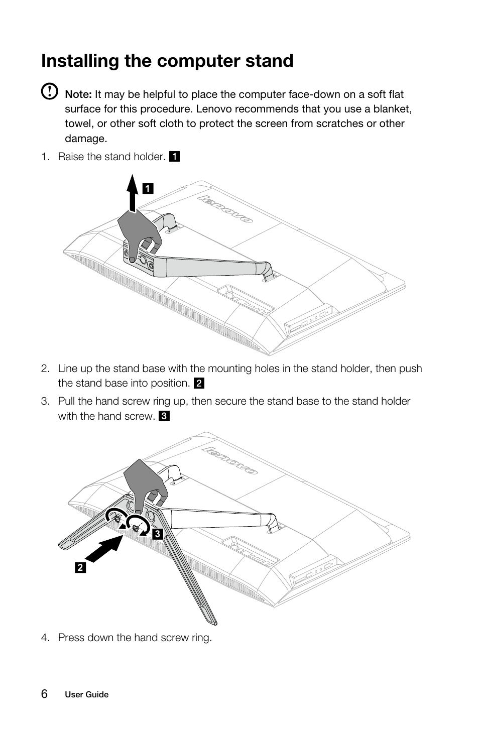 Installing the computer stand | Lenovo B50-30 Touch All-in-One User Manual | Page 11 / 59