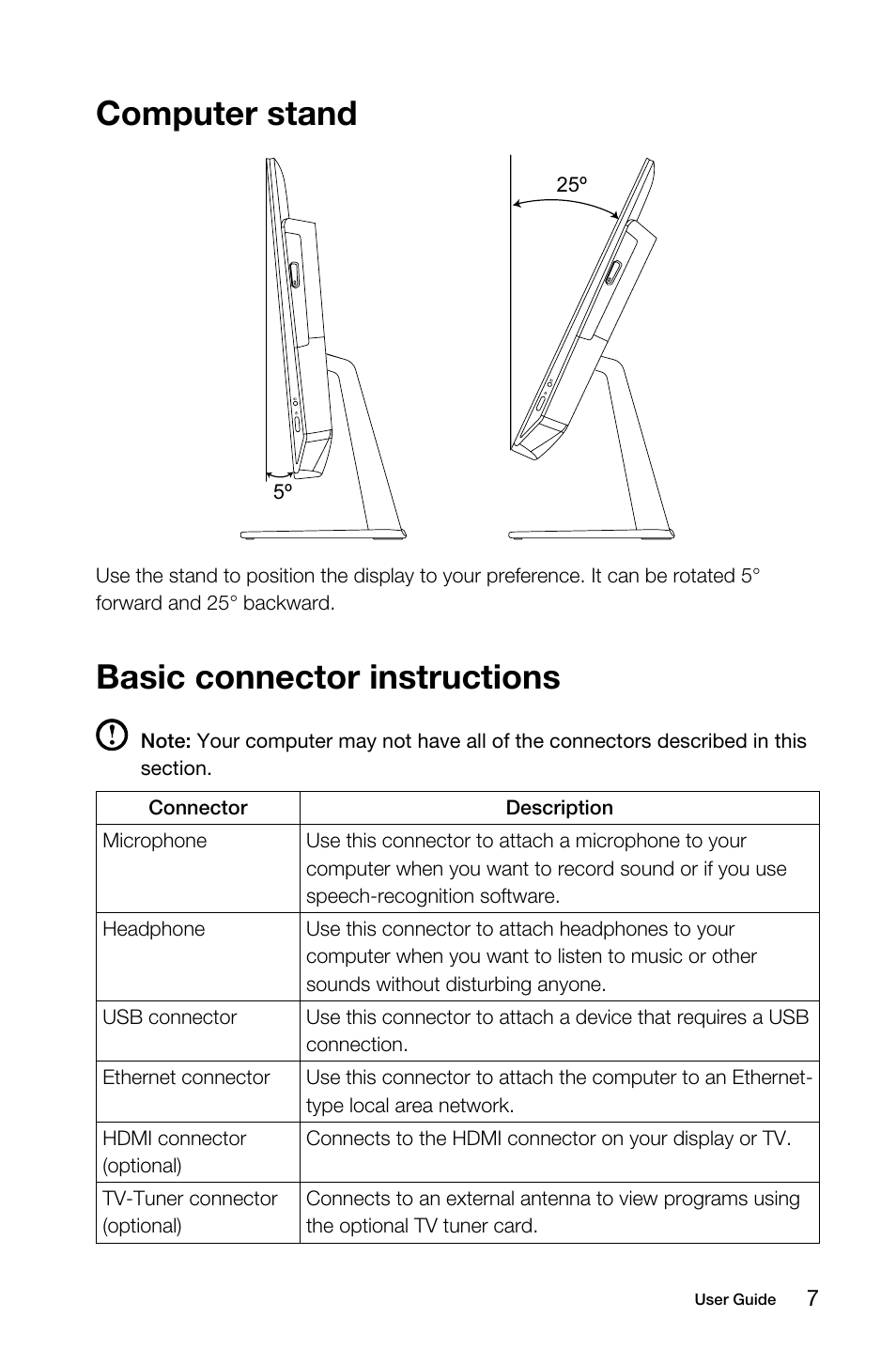 Computer stand, Basic connector instructions | Lenovo B50-30 Touch All-in-One User Manual | Page 12 / 59