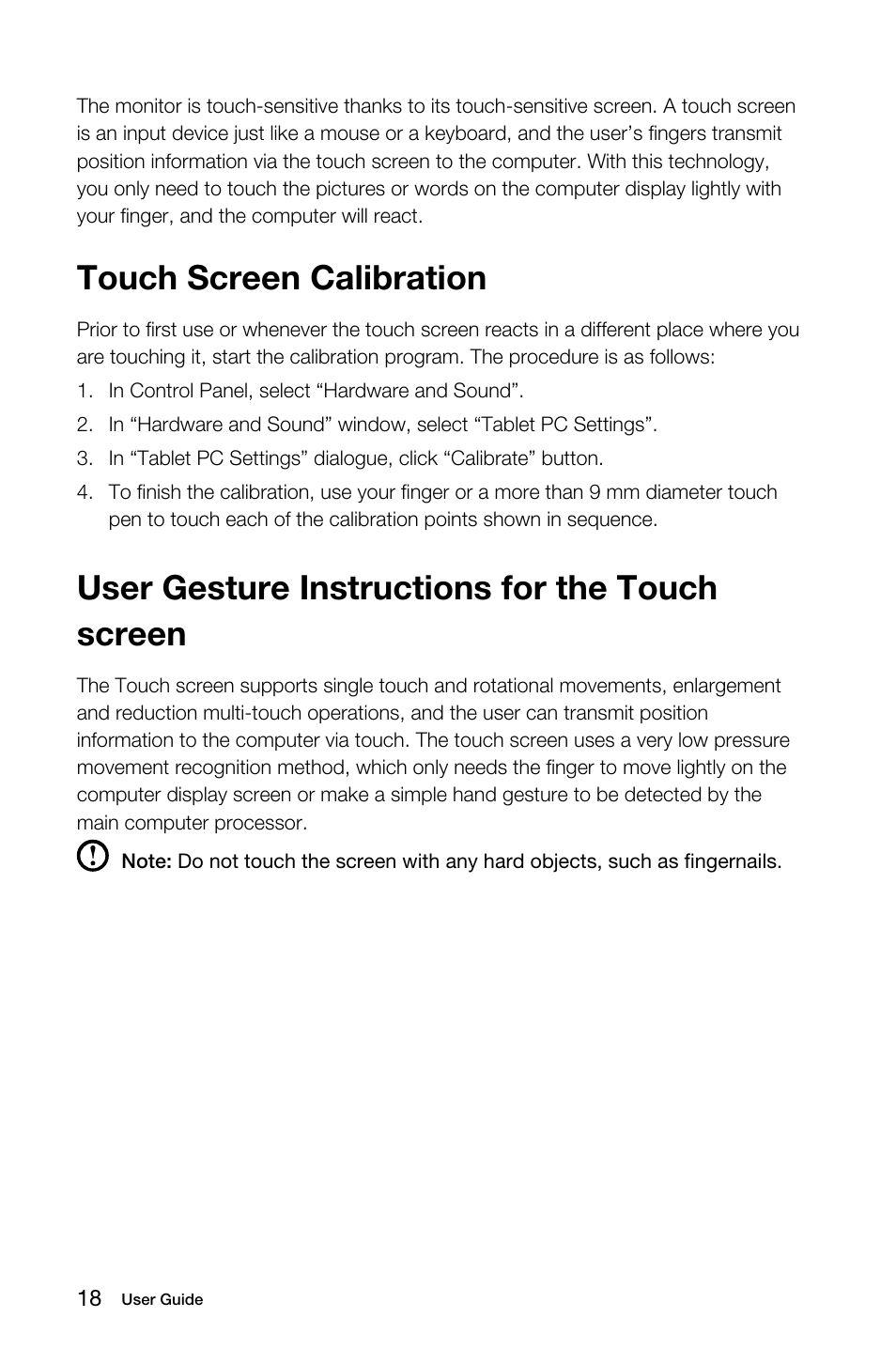 Touch screen calibration, User gesture instructions for the touch screen | Lenovo B50-30 Touch All-in-One User Manual | Page 23 / 59