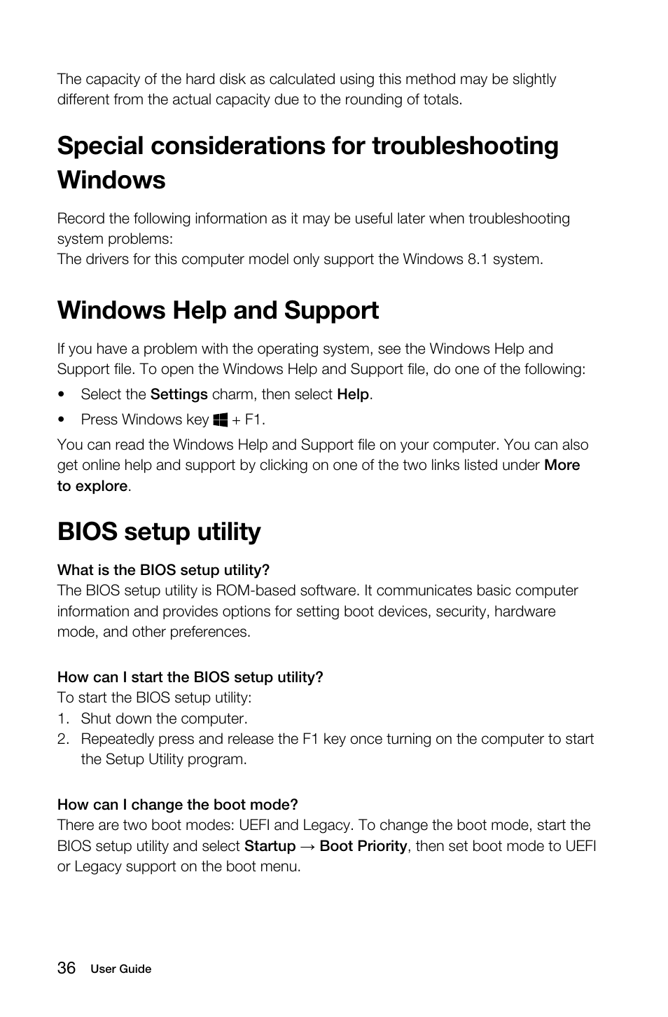 Special considerations for troubleshooting windows, Windows help and support, Bios setup utility | Lenovo B50-30 Touch All-in-One User Manual | Page 41 / 59