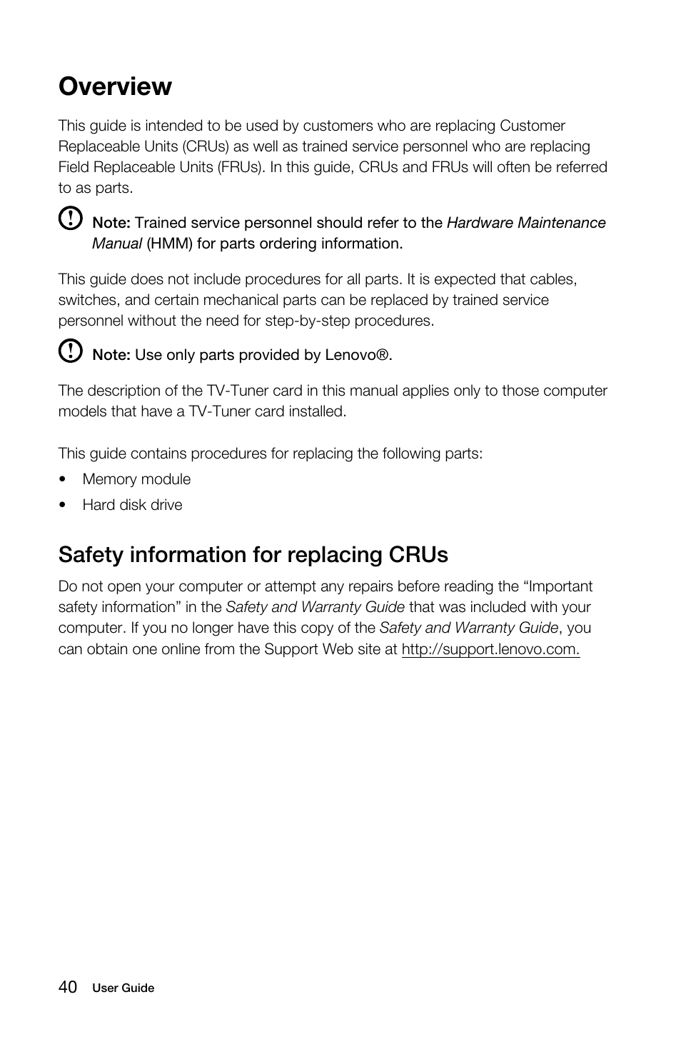 Overview, Safety information for replacing crus | Lenovo B50-30 Touch All-in-One User Manual | Page 45 / 59