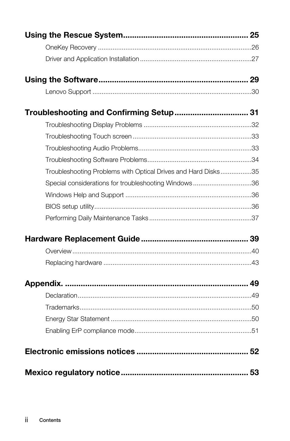 Using the rescue system, Using the software, Troubleshooting and confirming setup | Hardware replacement guide, Appendix | Lenovo B50-30 Touch All-in-One User Manual | Page 5 / 59