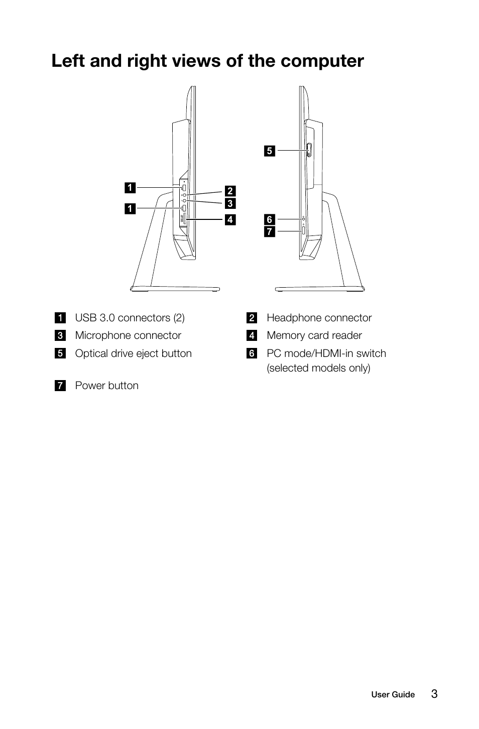 Left and right views of the computer | Lenovo B50-30 Touch All-in-One User Manual | Page 8 / 59