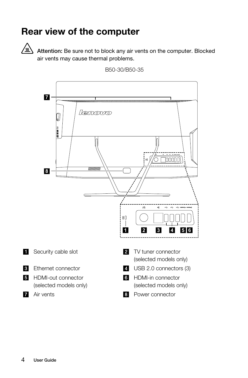 Rear view of the computer | Lenovo B50-30 Touch All-in-One User Manual | Page 9 / 59