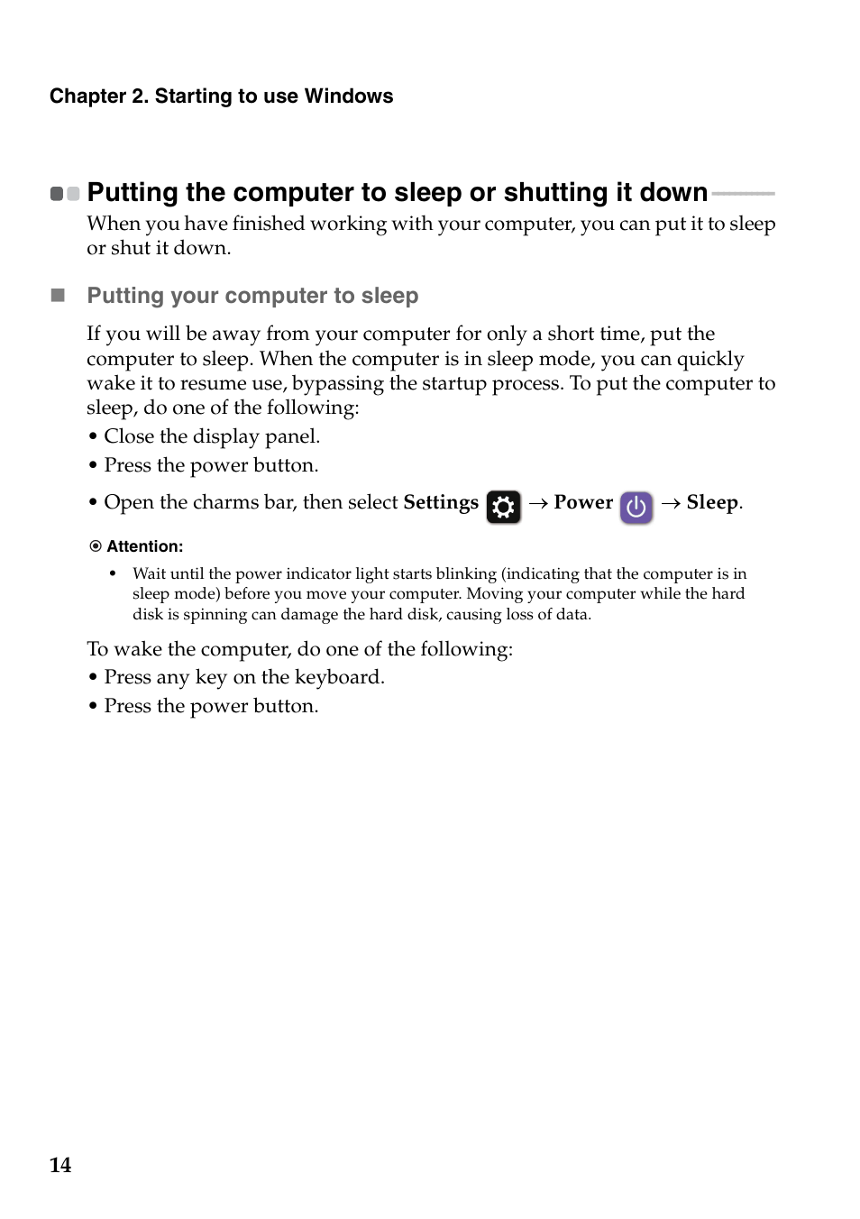 Putting the computer to sleep or shutting it down | Lenovo S20-30 Notebook User Manual | Page 18 / 34