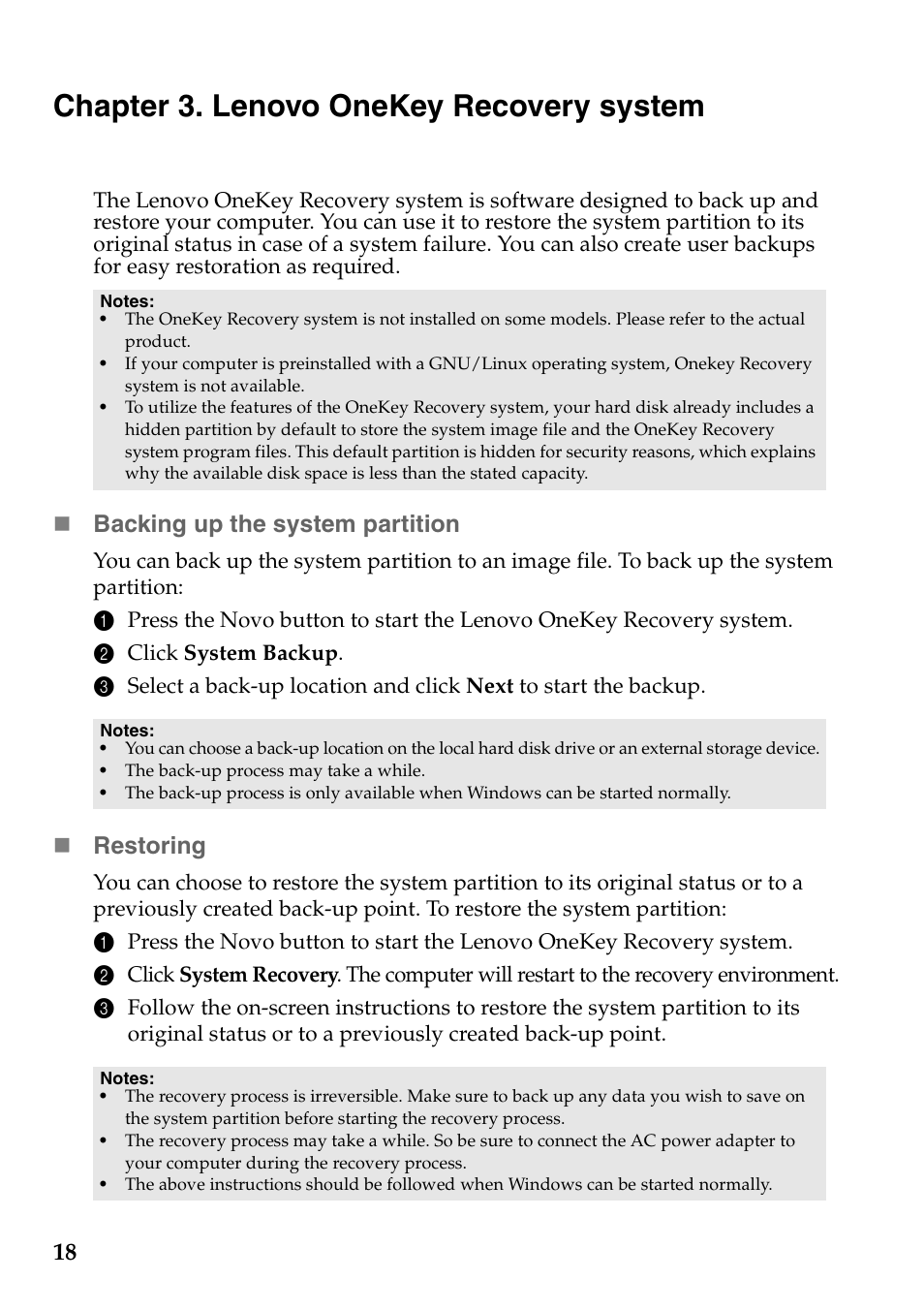 Chapter 3. lenovo onekey recovery system, Backing up the system partition, Restoring | Lenovo S20-30 Notebook User Manual | Page 22 / 34