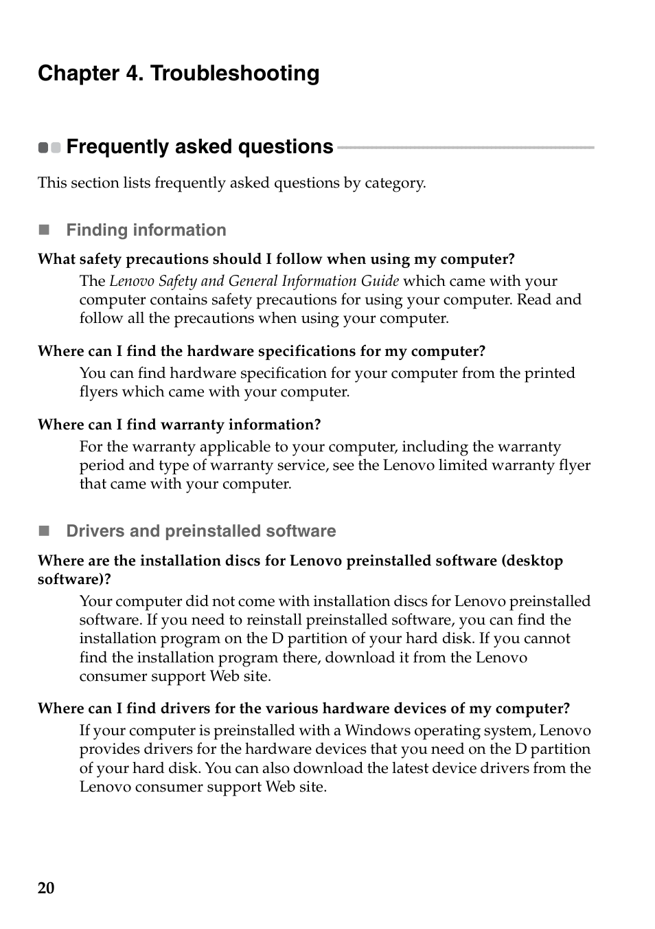 Chapter 4. troubleshooting, Frequently asked questions | Lenovo S20-30 Notebook User Manual | Page 24 / 34