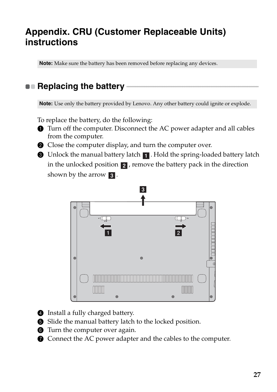 Replacing the battery | Lenovo S20-30 Notebook User Manual | Page 31 / 34