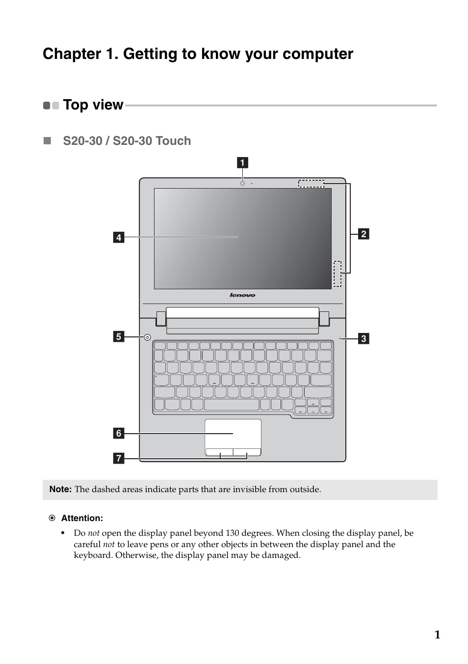 Chapter 1. getting to know your computer, Top view | Lenovo S20-30 Notebook User Manual | Page 5 / 34