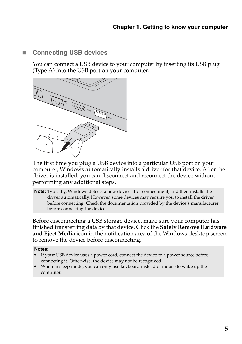 5 connecting usb devices | Lenovo S20-30 Notebook User Manual | Page 9 / 34