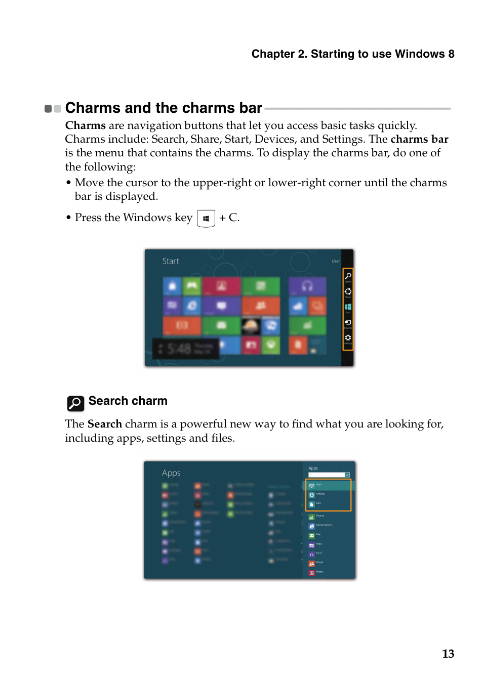 Charms and the charms bar | Lenovo IdeaPad S500 Touch Notebook User Manual | Page 19 / 36