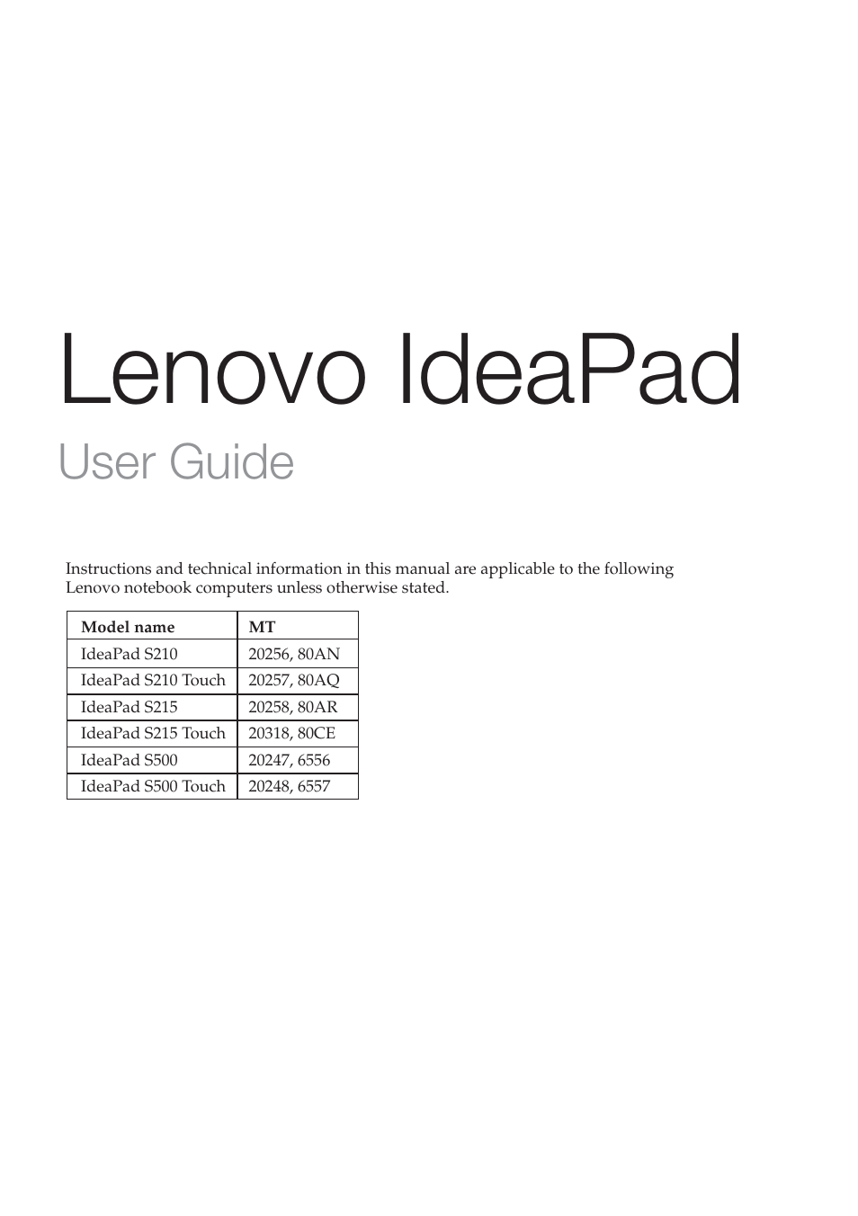 Lenovo ideapad, User guide | Lenovo IdeaPad S500 Touch Notebook User Manual | Page 3 / 36