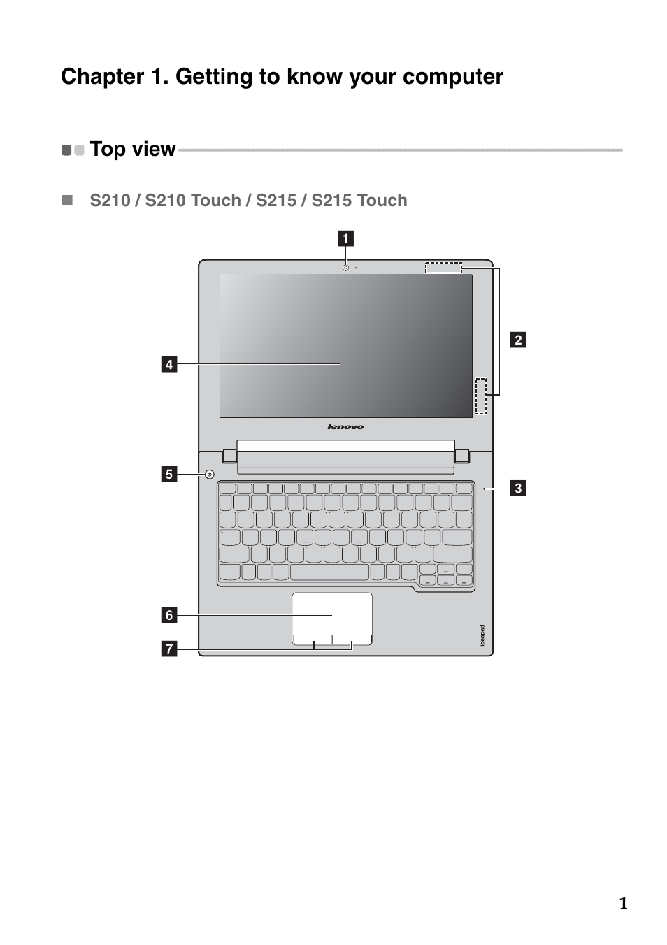 Chapter 1. getting to know your computer, Top view | Lenovo IdeaPad S500 Touch Notebook User Manual | Page 7 / 36