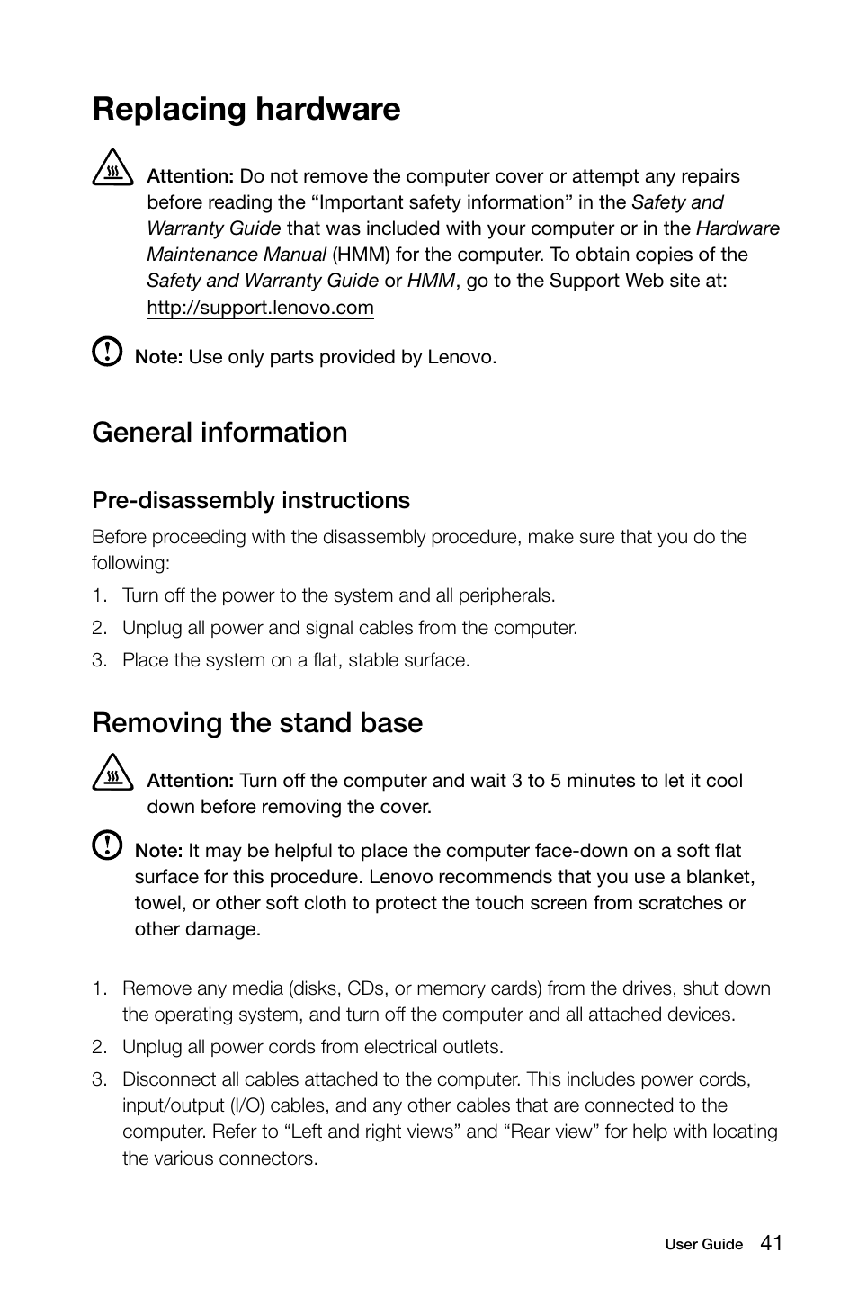 Replacing hardware, General information, Removing the stand base | Lenovo C360 All-in-One User Manual | Page 46 / 61