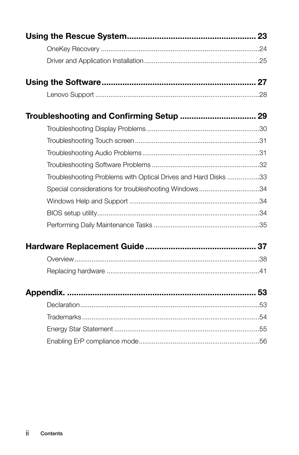 Using the rescue system, Using the software, Troubleshooting and confirming setup | Hardware replacement guide, Appendix | Lenovo C360 All-in-One User Manual | Page 5 / 61