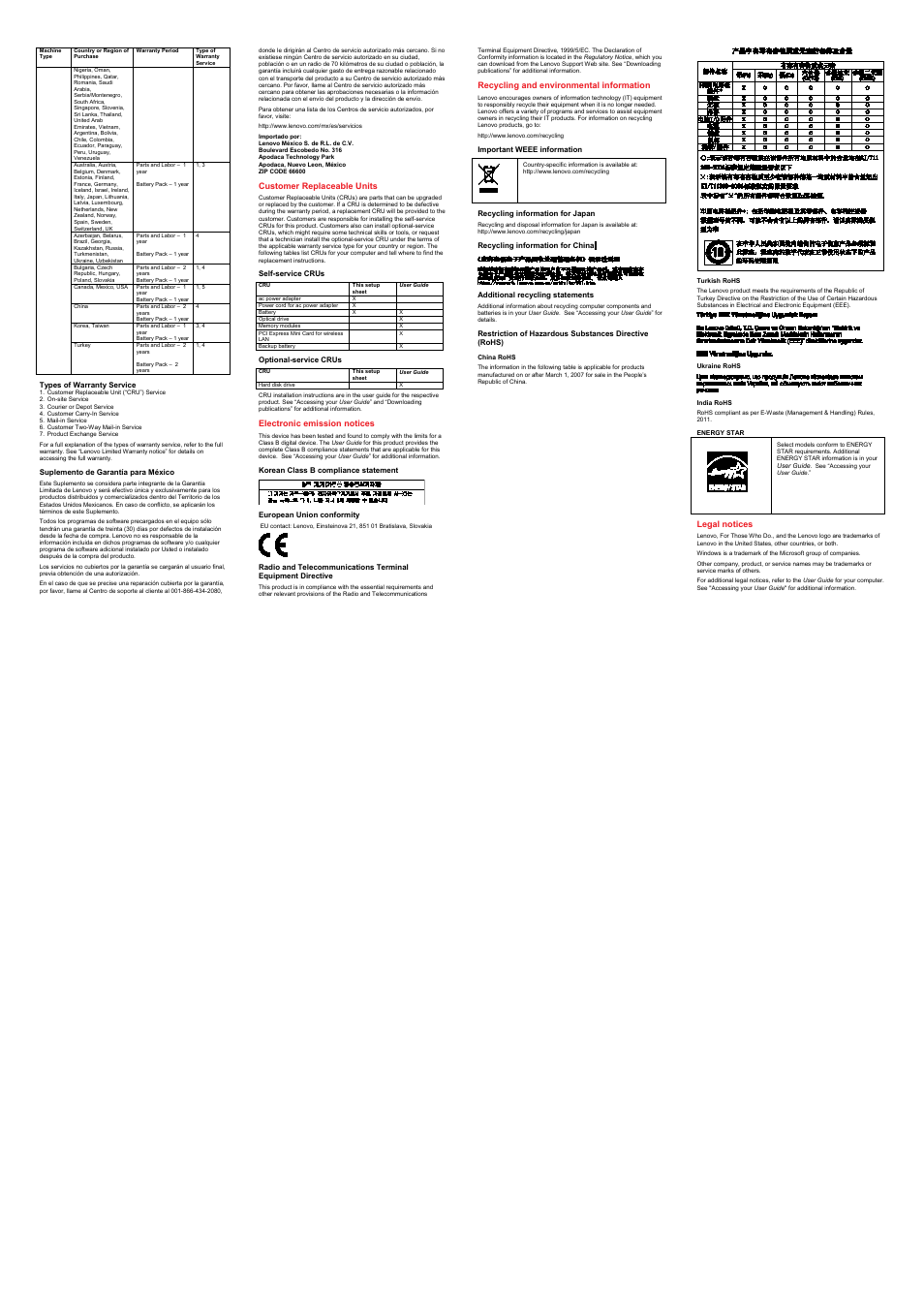 Types of warranty service, Suplemento de garantía para méxico, Customer replaceable units | Self-service crus, Optional-service crus, Electronic emission notices, Korean class b compliance statement, European union conformity, Recycling and environmental information, Important weee information | Lenovo B475e Notebook User Manual | Page 2 / 2