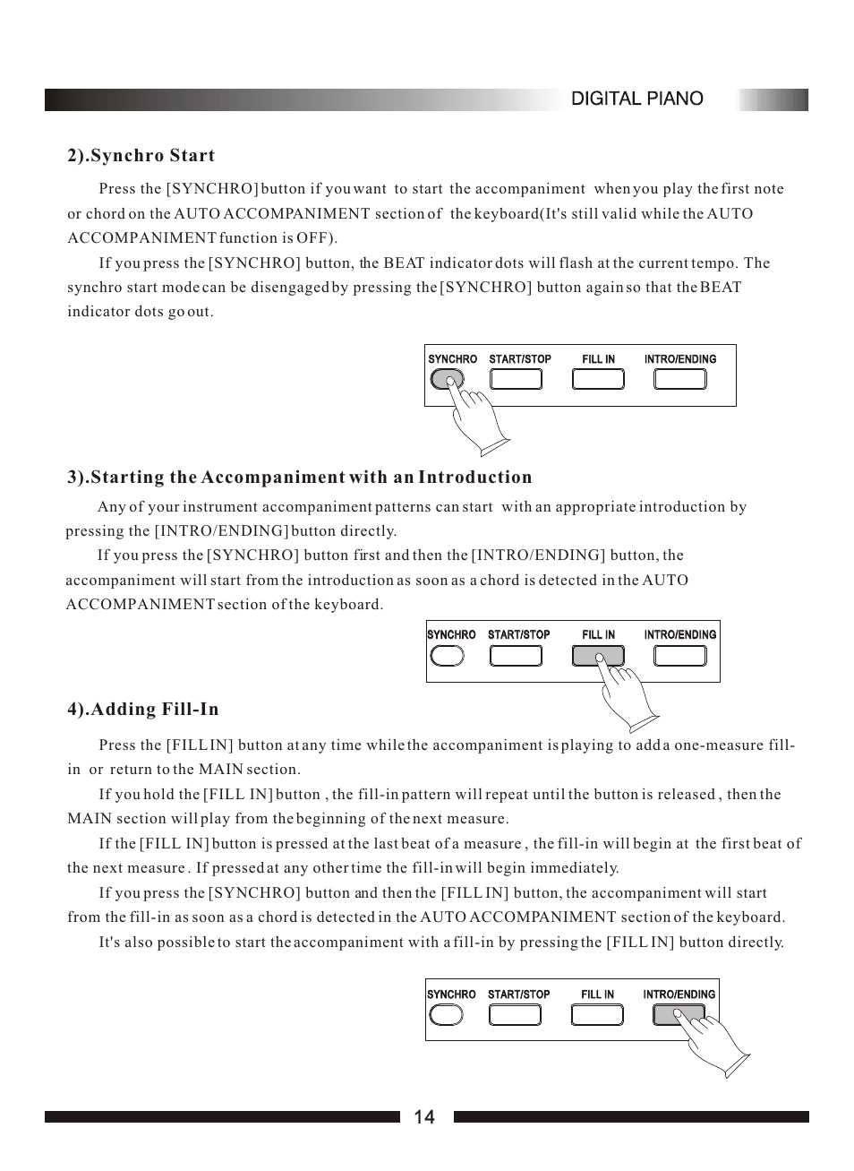 Т³гж 16, 2).synchro start, 3).starting the accompaniment with an introduction | 4).adding fill-in | Adagio Teas PDP100 User Manual | Page 16 / 26