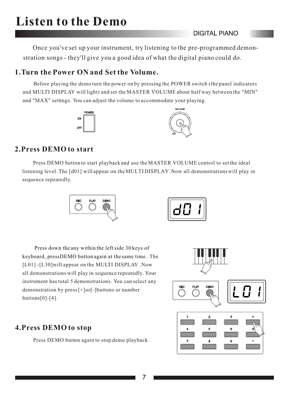 Т³гж 9, Listen to the demo, Turn the power on and set the volume | Press demo to start, Press demo to stop | Adagio Teas PDP100 User Manual | Page 9 / 26