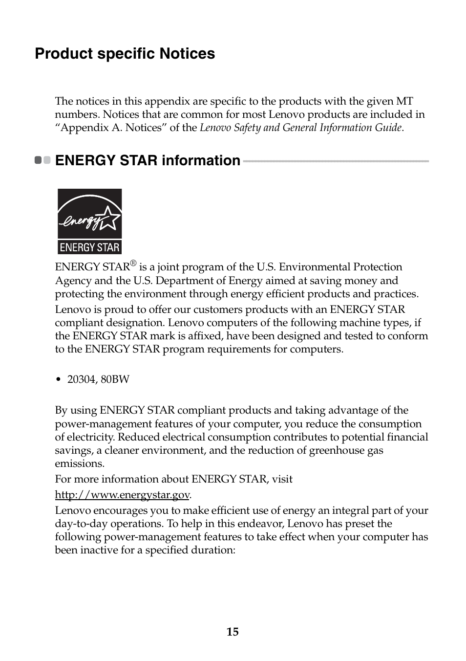 Product specific notices, Energy star information | Lenovo B4400 Notebook User Manual | Page 15 / 24