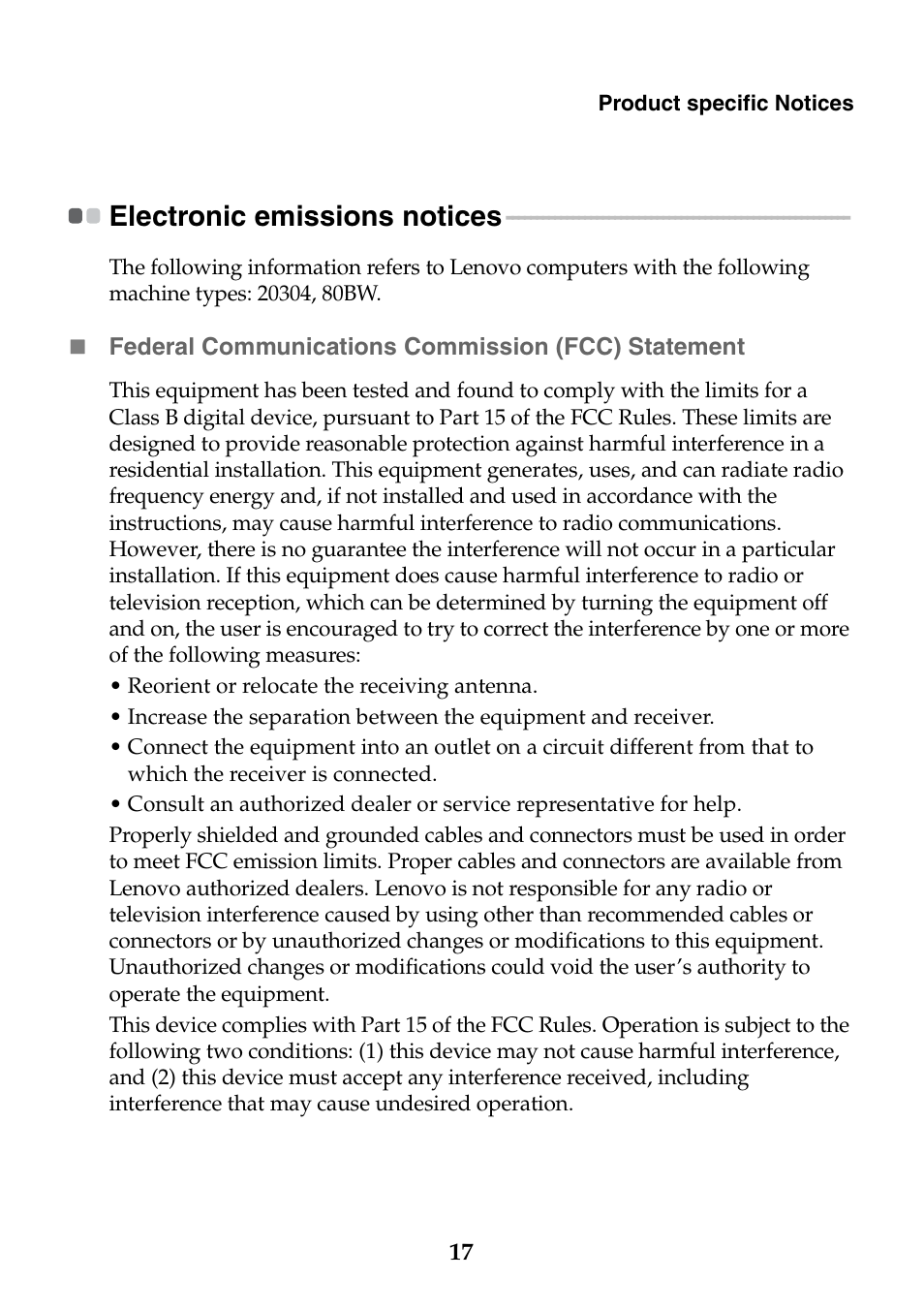 Electronic emissions notices | Lenovo B4400 Notebook User Manual | Page 17 / 24