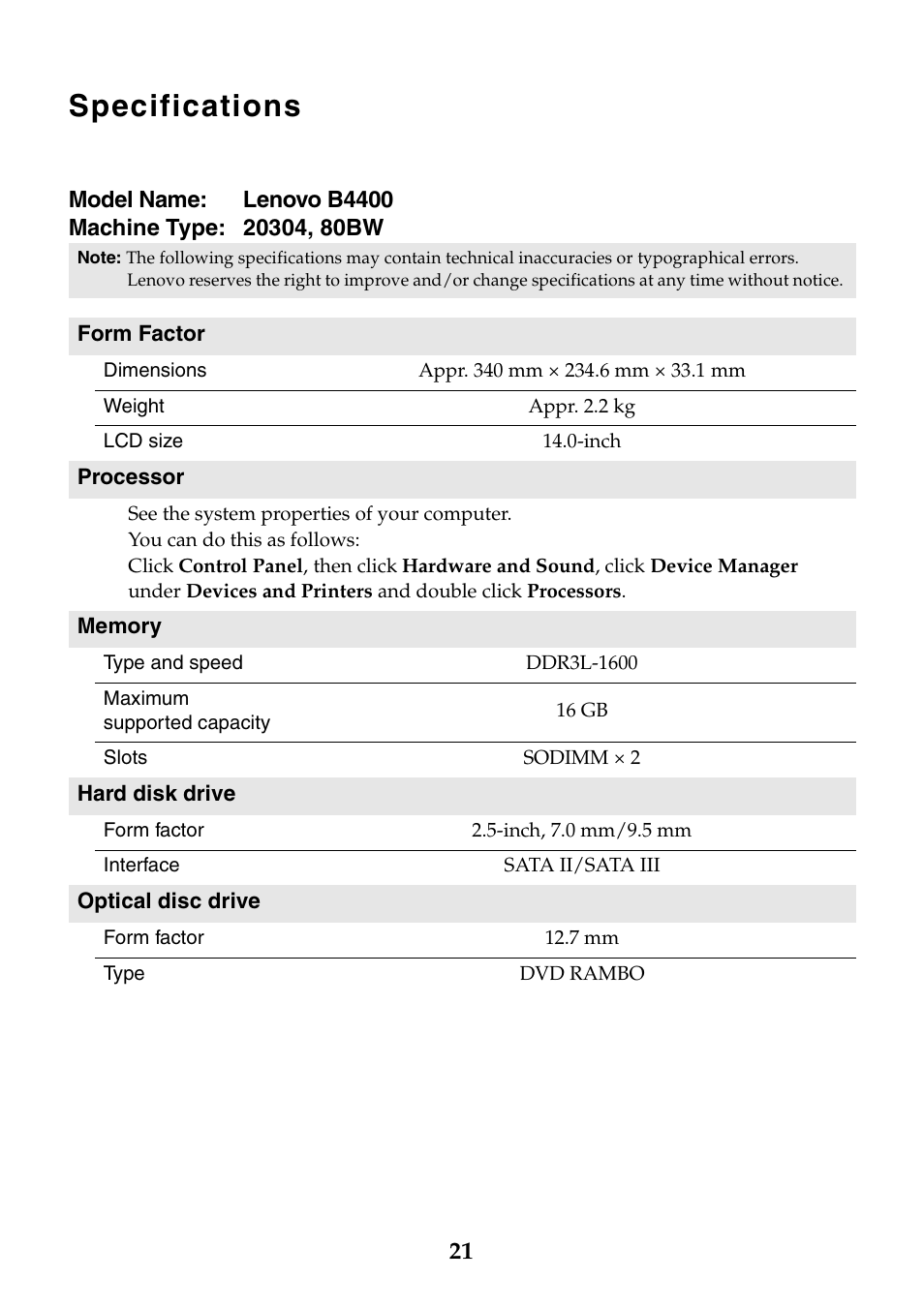 Specifications | Lenovo B4400 Notebook User Manual | Page 21 / 24