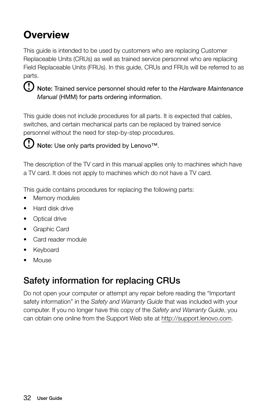 Overview, Safety information for replacing crus | Lenovo H505 Desktop User Manual | Page 37 / 59