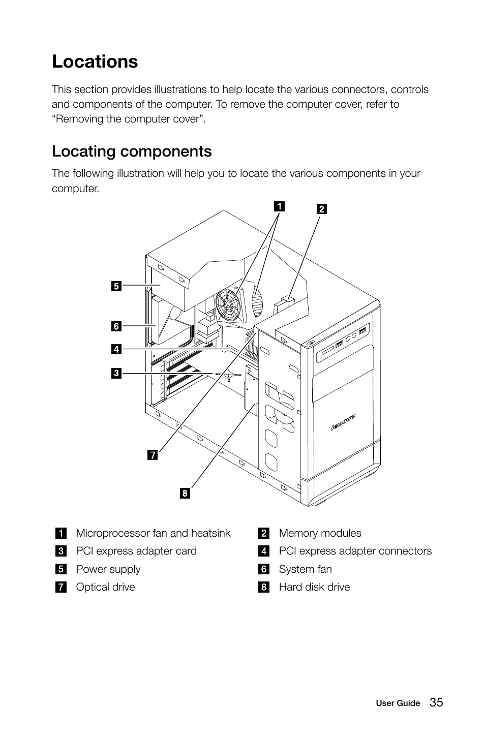 Locations, Locating components | Lenovo H505 Desktop User Manual | Page 40 / 59