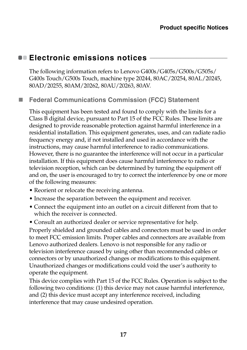 Electronic emissions notices | Lenovo G500s Touch Notebook User Manual | Page 17 / 26