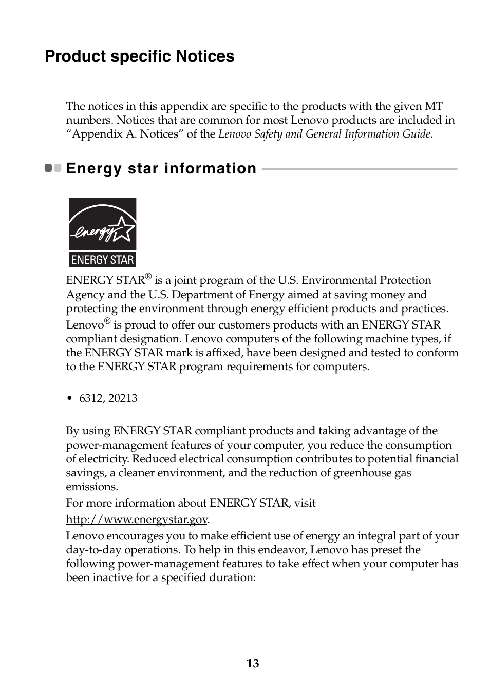 Product specific notices, Energy star information | Lenovo IdeaPad S400u Notebook User Manual | Page 13 / 20