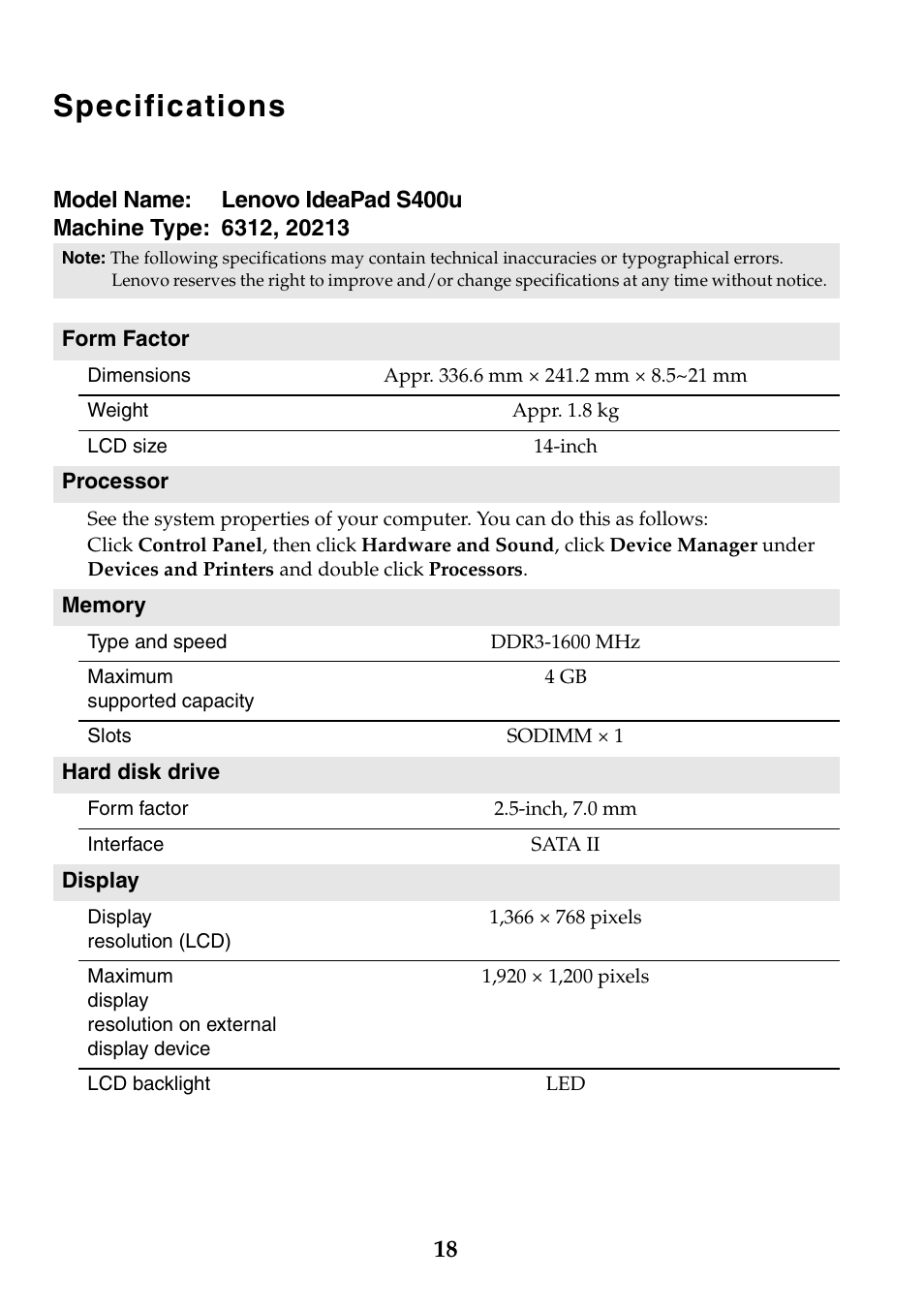 Specifications | Lenovo IdeaPad S400u Notebook User Manual | Page 18 / 20