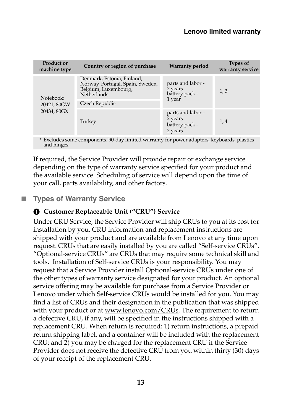 Types of warranty service, Lenovo limited warranty | Lenovo S20-30 Notebook User Manual | Page 13 / 24