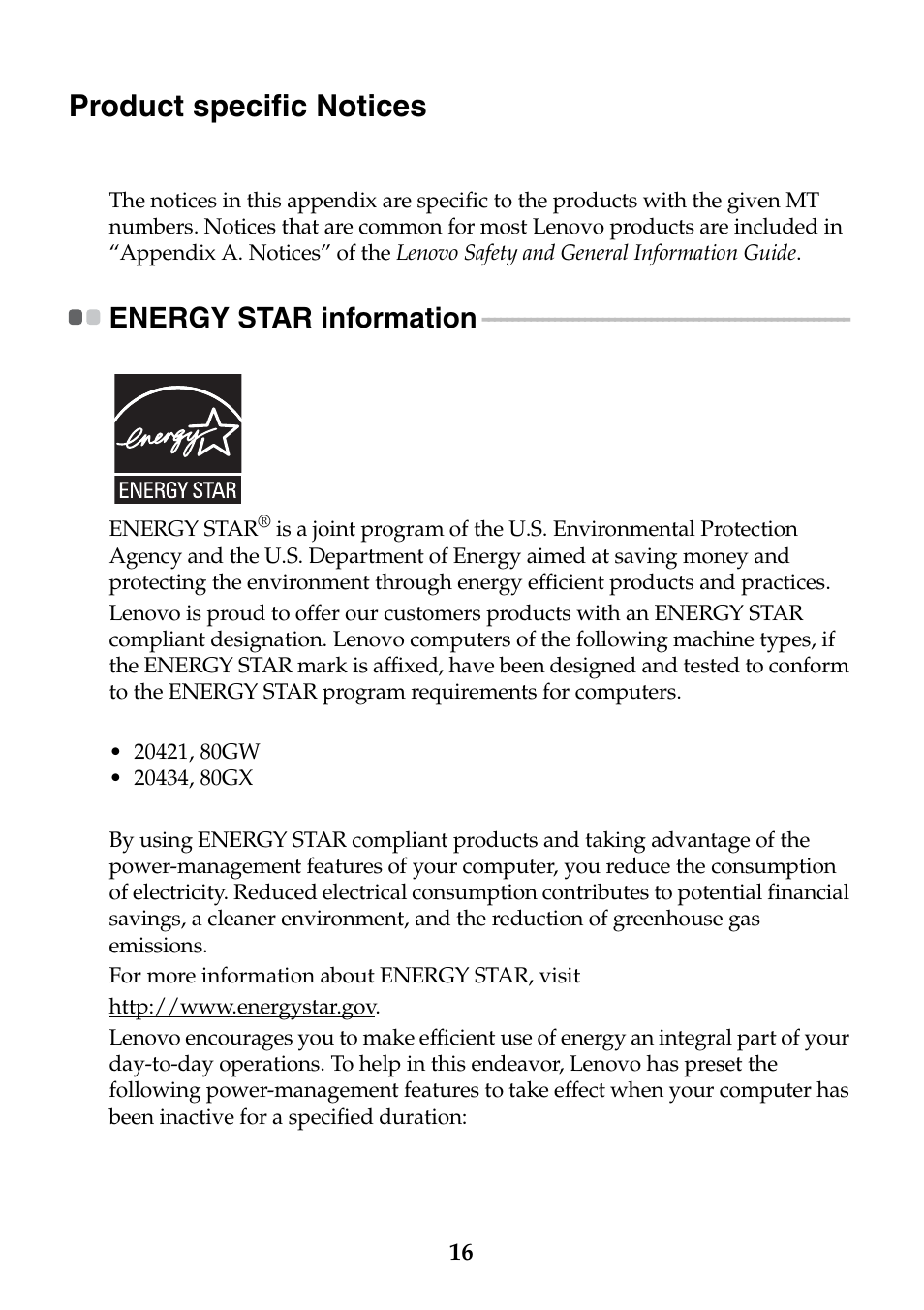 Product specific notices, Energy star information | Lenovo S20-30 Notebook User Manual | Page 16 / 24