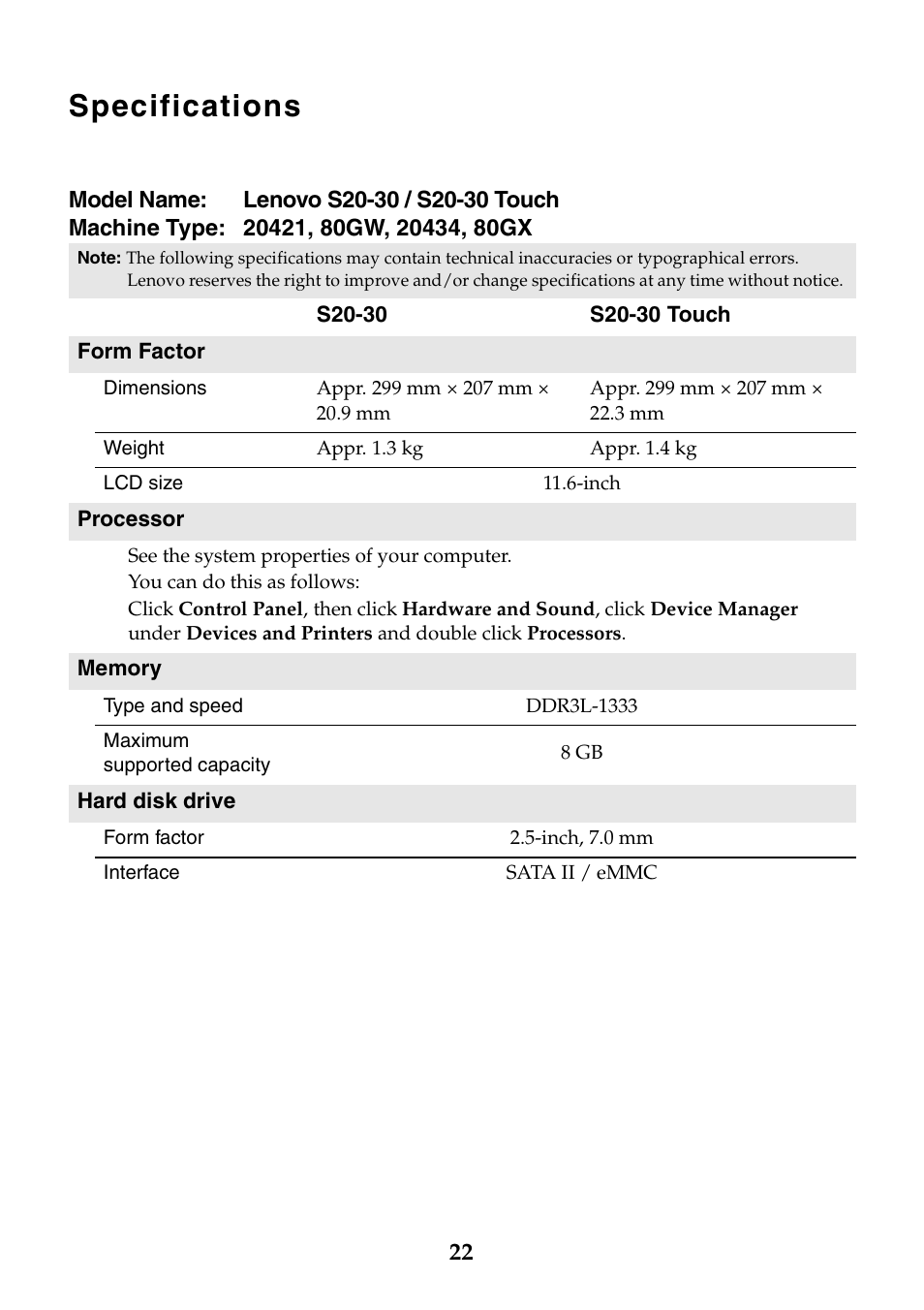 Specifications | Lenovo S20-30 Notebook User Manual | Page 22 / 24