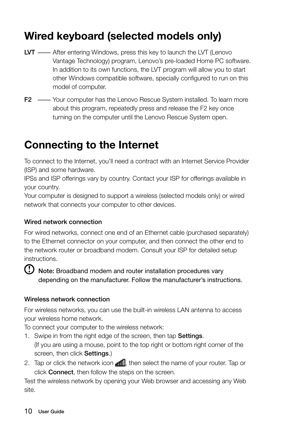 Wired keyboard (selected models only), Connecting to the internet | Lenovo C445 All-in-One User Manual | Page 15 / 49