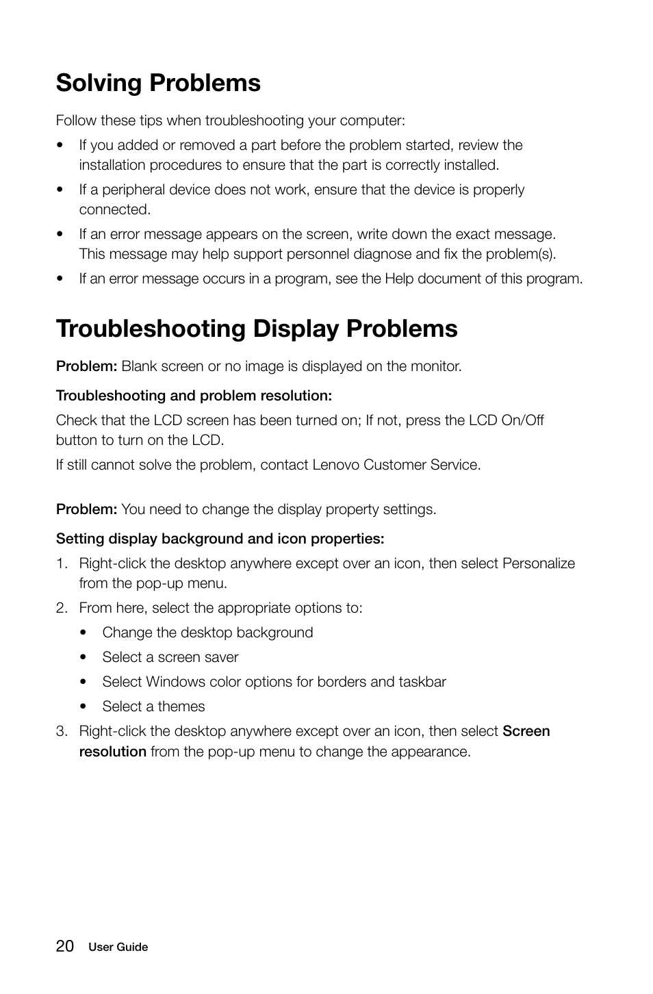 Troubleshooting display problems, Solving problems | Lenovo C445 All-in-One User Manual | Page 25 / 49