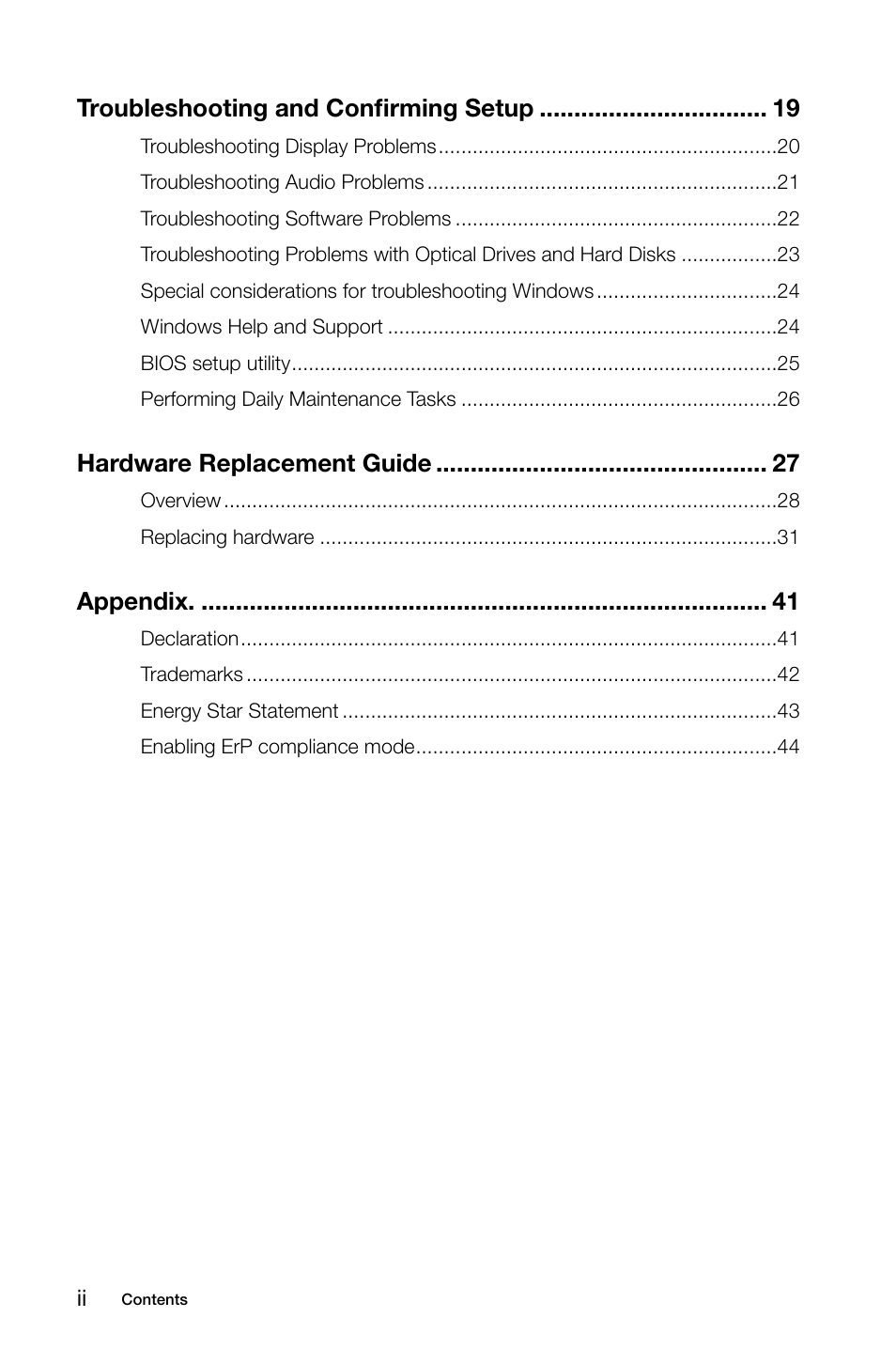 Troubleshooting and confirming setup, Hardware replacement guide, Appendix | Lenovo C445 All-in-One User Manual | Page 5 / 49