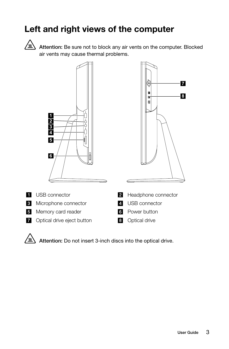 Left and right views of the computer | Lenovo C445 All-in-One User Manual | Page 8 / 49