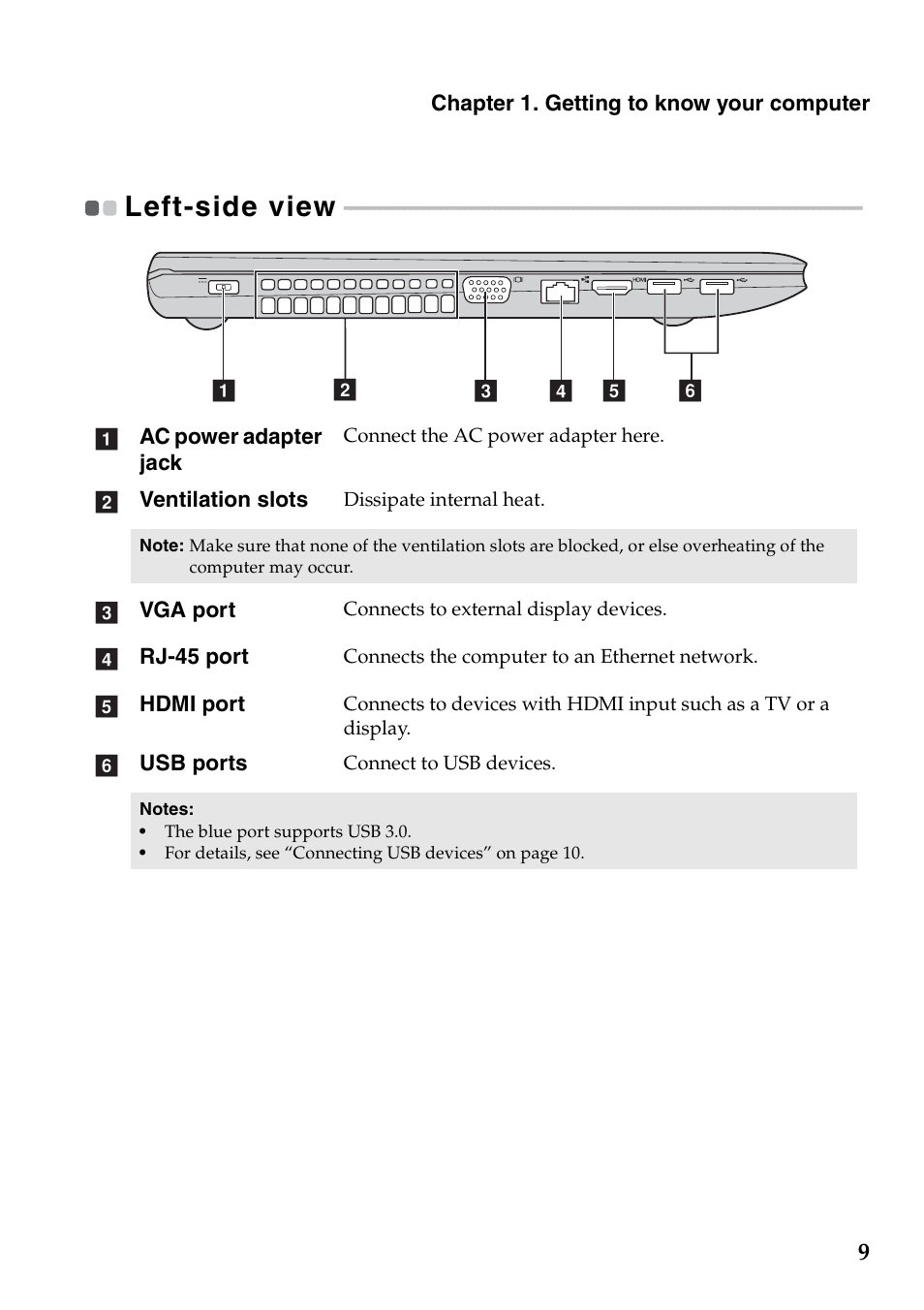 Left-side view | Lenovo G500s Touch Notebook User Manual | Page 13 / 48