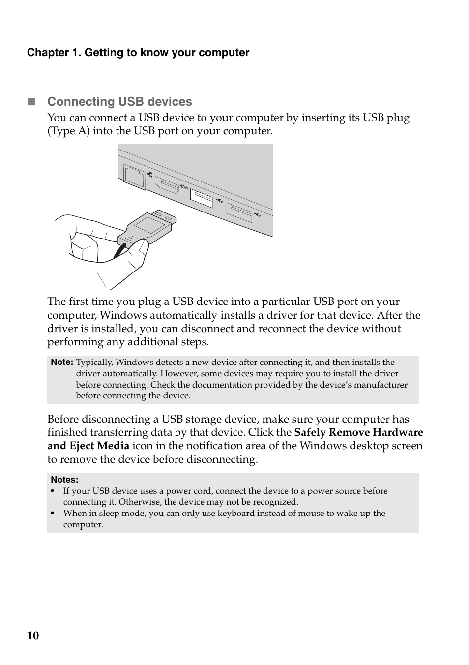 Connecting usb devices | Lenovo G500s Touch Notebook User Manual | Page 14 / 48